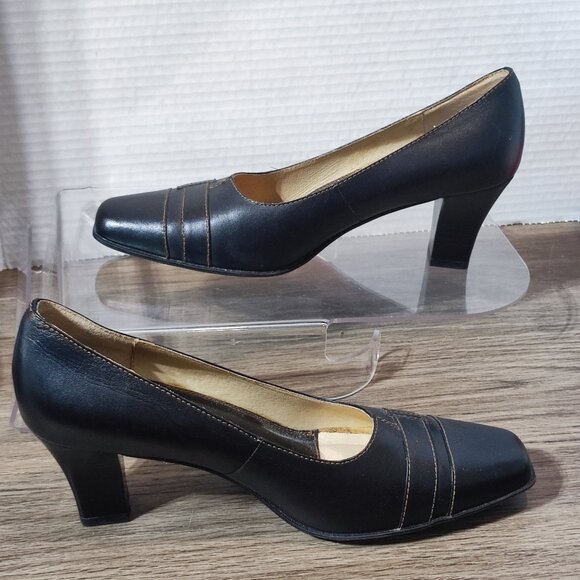 Marche-Mellow Comfort Block Heel Pumps Size 7 Black Leather Minimalist Dress - Picture 2 of 12